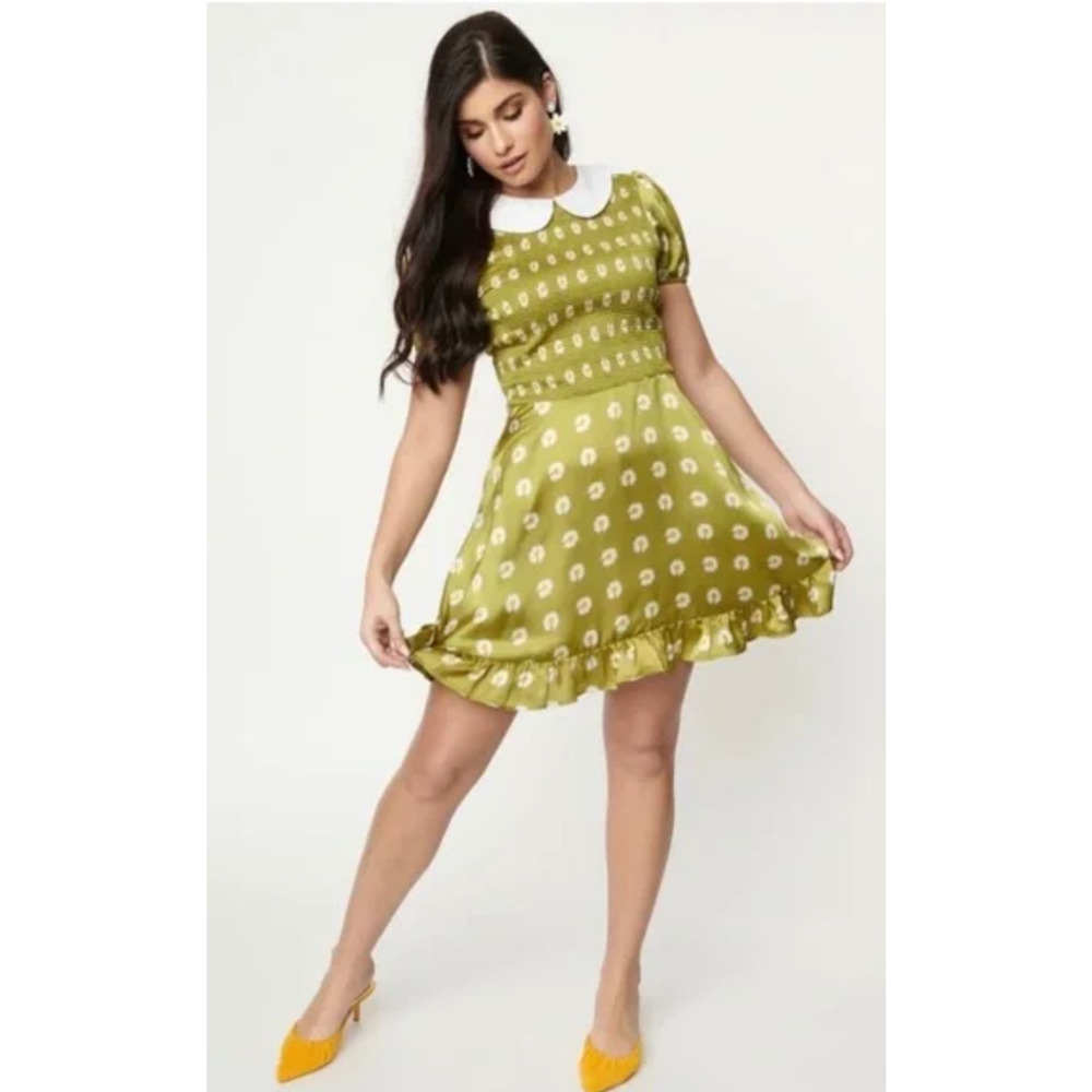 Smak Parlour Womens Green Floral Smocked Short Sleeve Flare Dress Size Medium